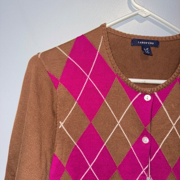 Lands End Womens Argyle Cardigan Sweater L/P 14-16 Button-Up Brown - Picture 2 of 4